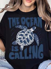 El Océano Te Llama, Camiseta con Gráfico de Tortuga Marina para Mujer, Ropa Casual para Vacaciones de Verano en la Playa, Regalo para Amantes del Océano - Negro - Ver 7