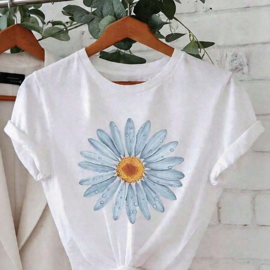 Camiseta de algodón de manga corta para mujer con estampado de flores de margarita azul, cuello redondo, estilo casual de verano, suave, transpirable, ligera, para uso diario, vacaciones, playa y ropa urbana. - Blanco - Ver 1