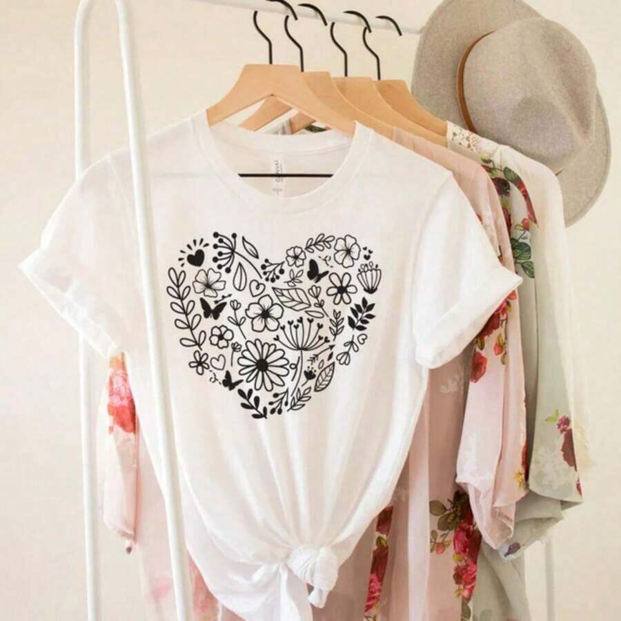 Flower Heart T-Shirt, Flower T-Shirt, Wildflower T-Shirts, Botanical T-Shirt, Plant Lover T-Shirt, Floral T-Shirt, Botanist Mom T-Shirt, Botanical T-Shirt2 - 白色 3 - 查看 1