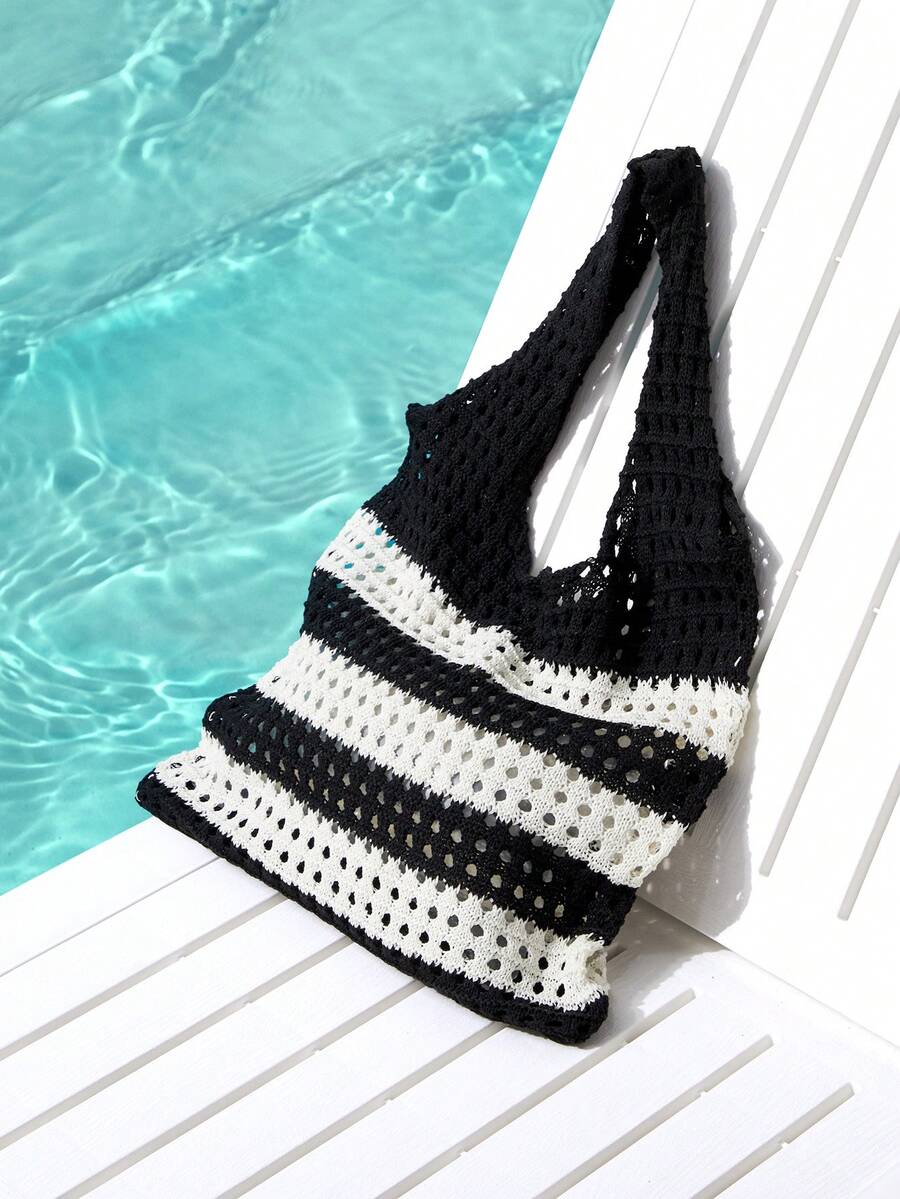 Trivaya Women's Aesthetic Contrast Color Knitted Shoulder Bag Hollow Out Stripe Tote Handbag Woven Female Fashion Accessory Hollow Out Tote Bag Shopping Bags Shoulder Bags Crochet Stripe Knitted Beach Bags Large Capacity Versatile Bags For Women - Black and White - View 1