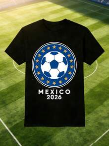 Hombres 002 | |   Fútbol |   Camiseta Especial del Torneo de Fútbol México 2026, con un Atractivo Diseño de un Balón de Fútbol Rodeado de Estrellas Rojas, Perfecta para los Aficionados al Fútbol Mexicano 12_27 - Negro - Ver 1