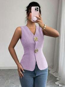 Blusa exterior con cuello en V ajustada con decoración de botones dorados con rosas - Morado - Ver 3
