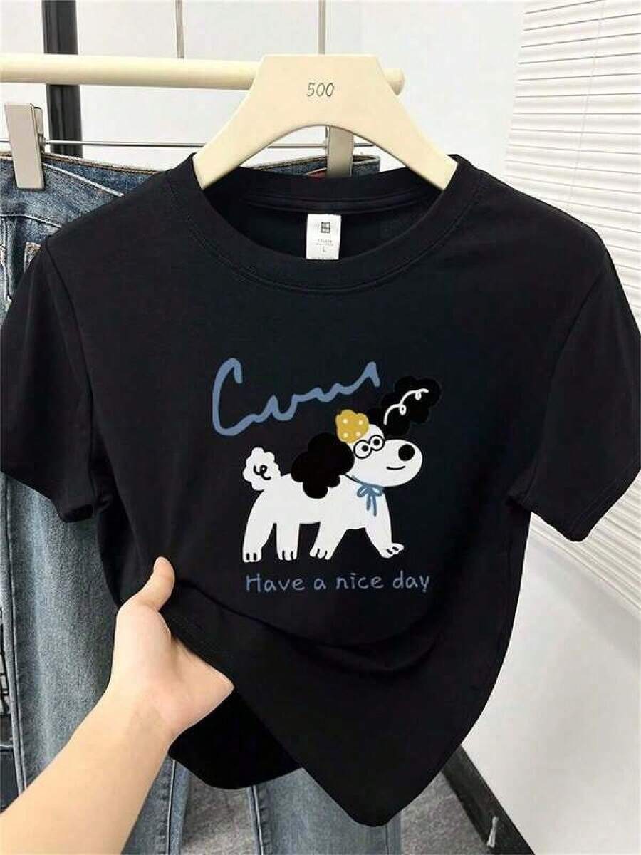 Colección de verano para damas. Camisetas con estampado gráfico. Una nueva camiseta de manga corta de verano diseñada para mujeres, con un estampado de un pequeño perro, perfecta para un look elegante con cuello redondo. 100% algodón. Suave. Ligera, duradera, de manga corta. ,Daily Staple 106% Cotton Basic T-Shirt, Relaxed Short Sleeve Comfy Fit For Young Women Teen Girls, Suitable For Street  Campus Leisure Holiday Trip Outdoor Activity Daily Dressing Matchy2k playeras de hombre algodón camiseta de algodón mujer playeras de niño camisetas playeras de niña tops para adolescentes y6k mujer - Negro - Ver 1
