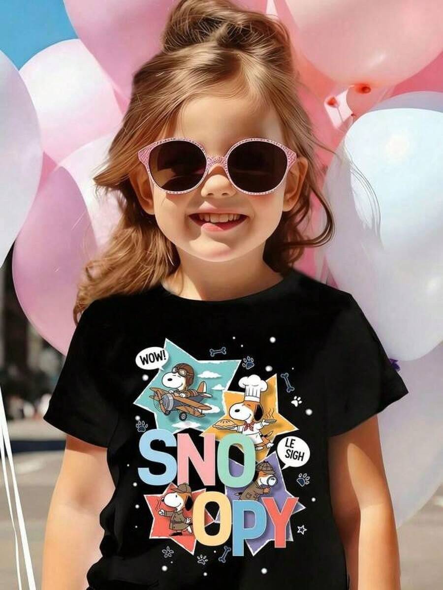 Camiseta infantil con estampado de dibujos animados de cachorro Beagle piloto, chef y detective, de manga corta suave y agradable para la piel, capa base personalizada para el verano del bebé, prenda básica diaria 100% algodón, ajuste cómodo de manga corta relajada para mujeres jóvenes, adolescentes y chicas, adecuada para la moda urbana, campus, ocio, viajes de vacaciones, actividades al aire libre y vestimenta diaria. - Negro - Ver 1