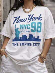 Women's T-Shirt With Slogan Print, Round Neck, Short Sleeves, Oversized Design, Ideal For Gifts - Black - View 9
