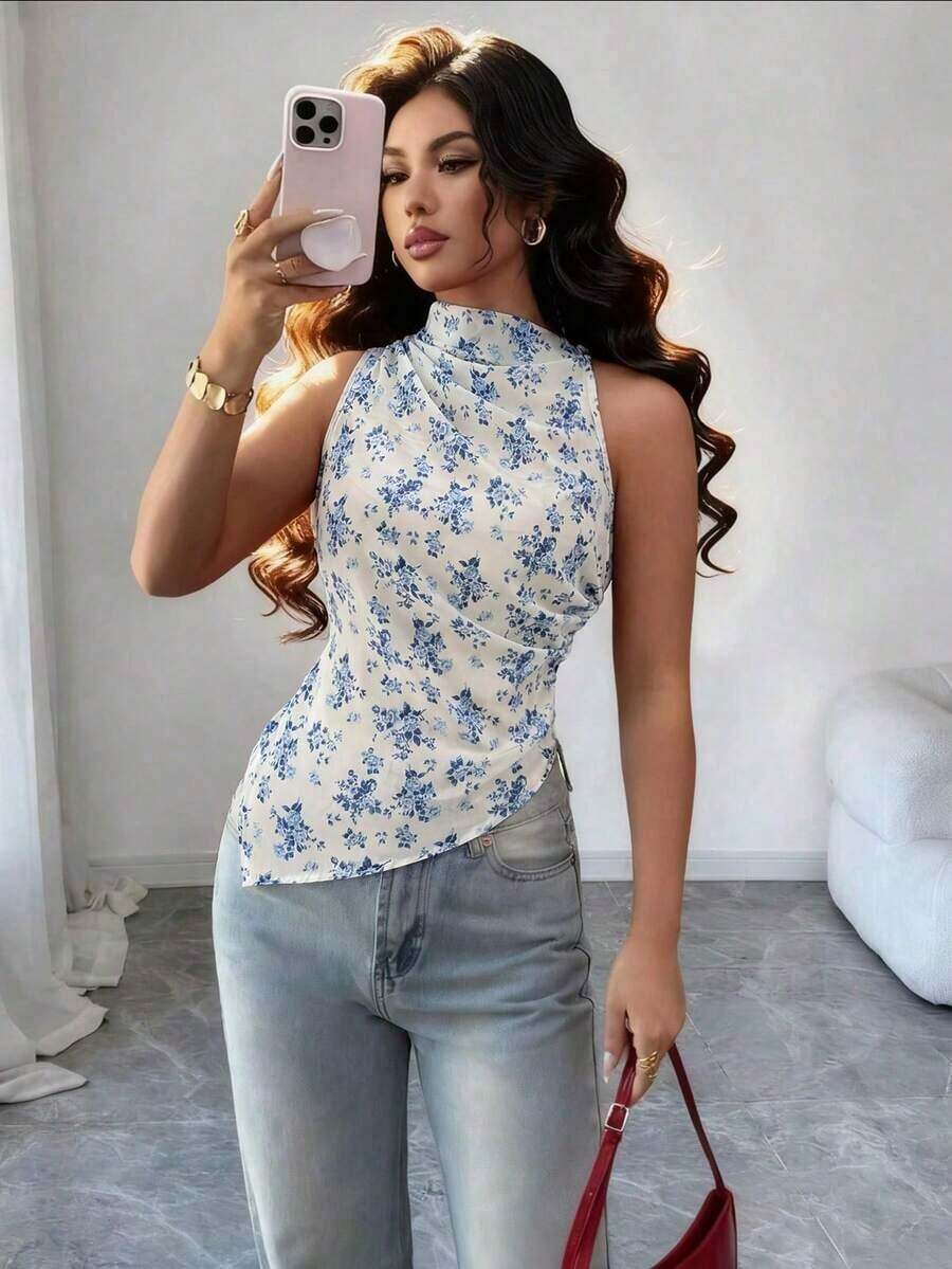 Camiseta de tirantes ajustada con dobladillo asimétrico y lunares rojos para mujer - Azul - Ver 1