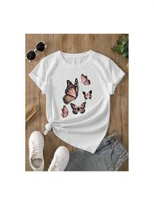 YOCASA Camiseta Casual de Verano para Mujer, con Cuello Redondo, Ajustada y Manga Corta, con Estampado de Pintura al Óleo, Floral, Corazón, Cereza y Patrones de Letras. Tejido Casual Simple, Estilo Deportivo, Ideal para Uso Diario y Citas de San Valentín. 1 pieza, 180G Pure Heavy, 95% Poliéster 5% Spandex. - Blanco - Ver 2