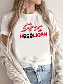 Limited Time Offer, Limited Quantities, Flash ! This Loose-Fitting Crew Neck T-Shirt Features A Simple And Versatile Design With A Hooligan-Style Print, Offering A  And Eye-Catching Look. A Fashionable T-Shirt, Perfect For Spring And Summer. - Putih - View 1