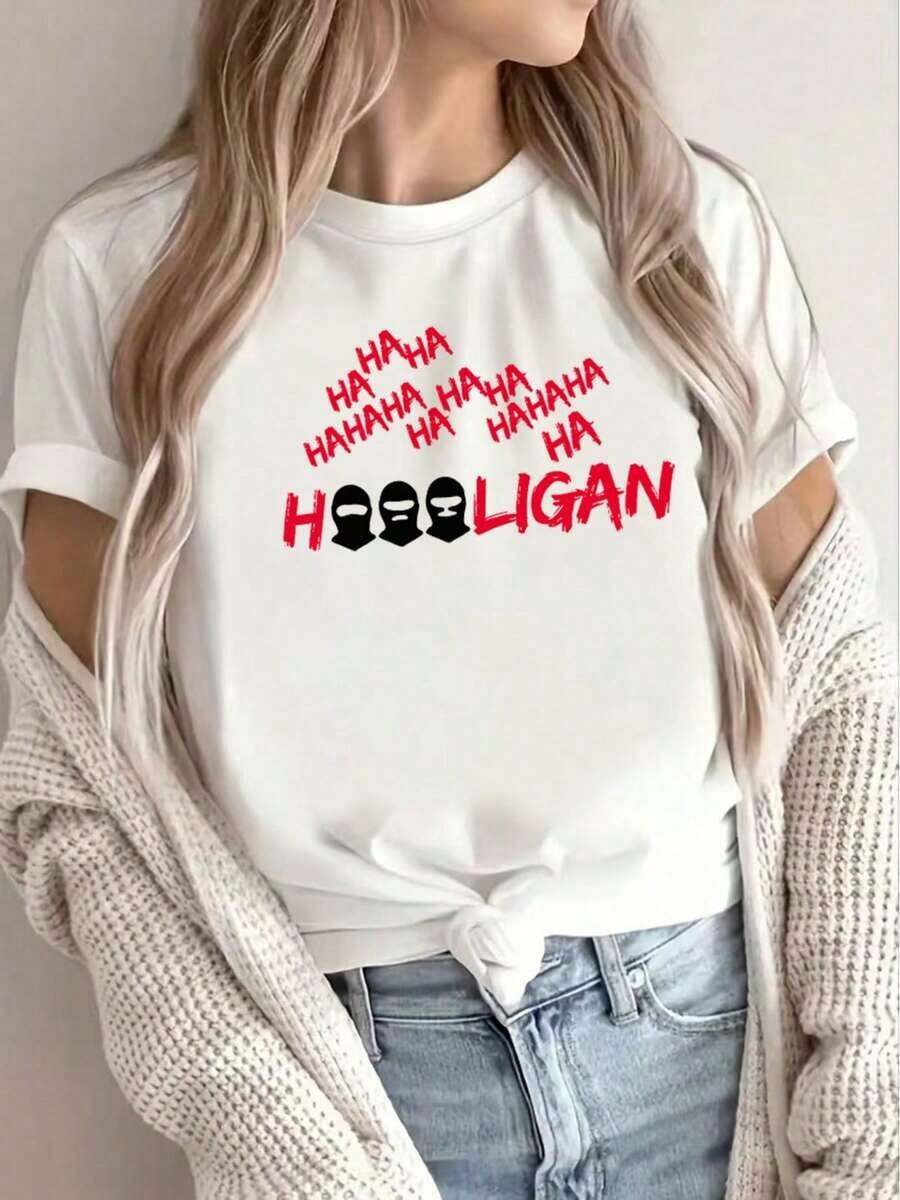 Limited Time Offer, Limited Quantities, Flash ! This Loose-Fitting Crew Neck T-Shirt Features A Simple And Versatile Design With A Hooligan-Style Print, Offering A And Eye-Catching Look. A Fashionable T-Shirt, Perfect For Spring And Summer. - Putih - View 1