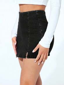 Falda pantalón informal de mezclilla con corte alto y dobladillo con doble abertura para mujer - Negro - Ver 3