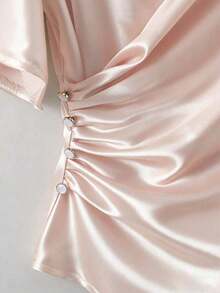 Blusa de satén elegante, blusa de manga corta, blusa de cuello en V, blusa de uso diario - Rosa - Ver 6