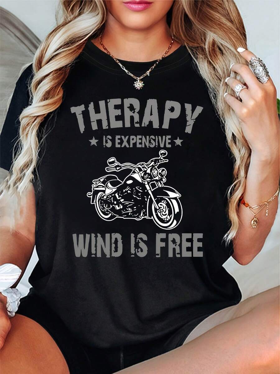 100% Cotton. The Print Reads: "Relaxing Is Expensive, The Wind Is Free." This Women's Short-Sleeve Crew Neck T-Shirt Is Perfect For Casual Wear, Shopping, And As A Holiday Gift. It Features A Motorcycle Illustration, Conveying A Love Of Freedom And The Outdoors, With A Bold And Attitude-Filled Style. Simple Solid-Color Women's T-Shirt, Loose-Fitting And Slim-Fit, Casual Short-Sleeve. - 黑色 - 查看 1