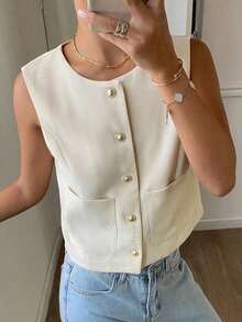 Chaqueta ajustada sin mangas de cuello redondo de unicolor para mujer, primavera/verano - Albaricoque 2 - Ver 8