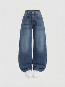 Jeans sencillos de uso diario con estampado de bigotes de gato para niñas adolescentes - Azul lavado medio 3 - Ver 5