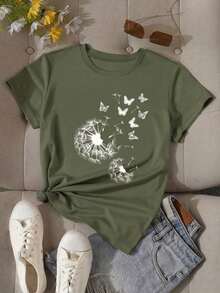 Women's Olive Green Casual T-Shirt With Round Neck And Short Sleeves, Polyester, With Dandelion And Butterfly Print, Regular Length Top, Women's Blouses, Women's T-Shirts, Casual Blouses For Ladies - 杏 - 查看 10
