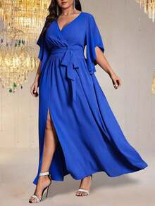 Vestido maxi elegante de fiesta con abertura, cuello en V ajustado, mangas acampanadas y cintura fruncida, talla grande para mujer - azul real - Ver 3