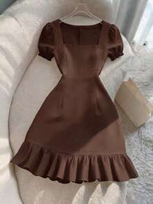 Vestido casual de línea A de manga corta con cuello cuadrado y perlas, unicolor elegante, adecuado para invitados, banquetes, cumpleaños, fiestas, verano/otoño, citas, ir al trabajo, estilo callejero, color albaricoque - Café integral - Ver 4