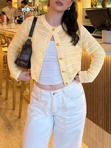 Nuevo cárdigan de punto para mujer de primavera/verano, estilo minimalista casual, cuello redondo de manga larga, diseño de botones de seta, cárdigan abierto amarillo, adecuado para uso casual diario, ir al trabajo, salir, citas de vacaciones - Amarillo Mostaza - Ver 3