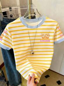 Camiseta de mujer de manga corta con cuello redondo, estampado de rayas y cara sonriente de dibujos animados, versátil para uso diario - Multicolor 4 - Ver 5