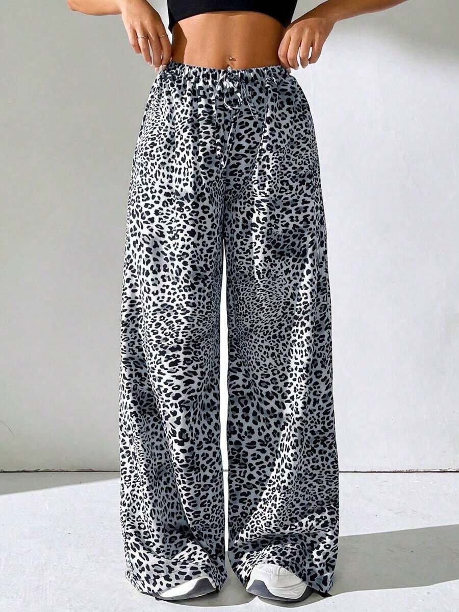 Pantalones con cordón de mujer con estampado de leopardo blanco - Gris - Ver 1