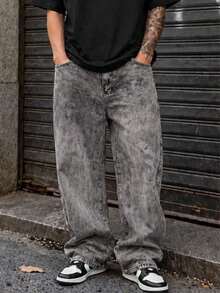 Baggy Jeans, Wide-Leg Balloon Pants, Straight Cut, Carpenter Style, Unisex - màu xám đá - Xem 1
