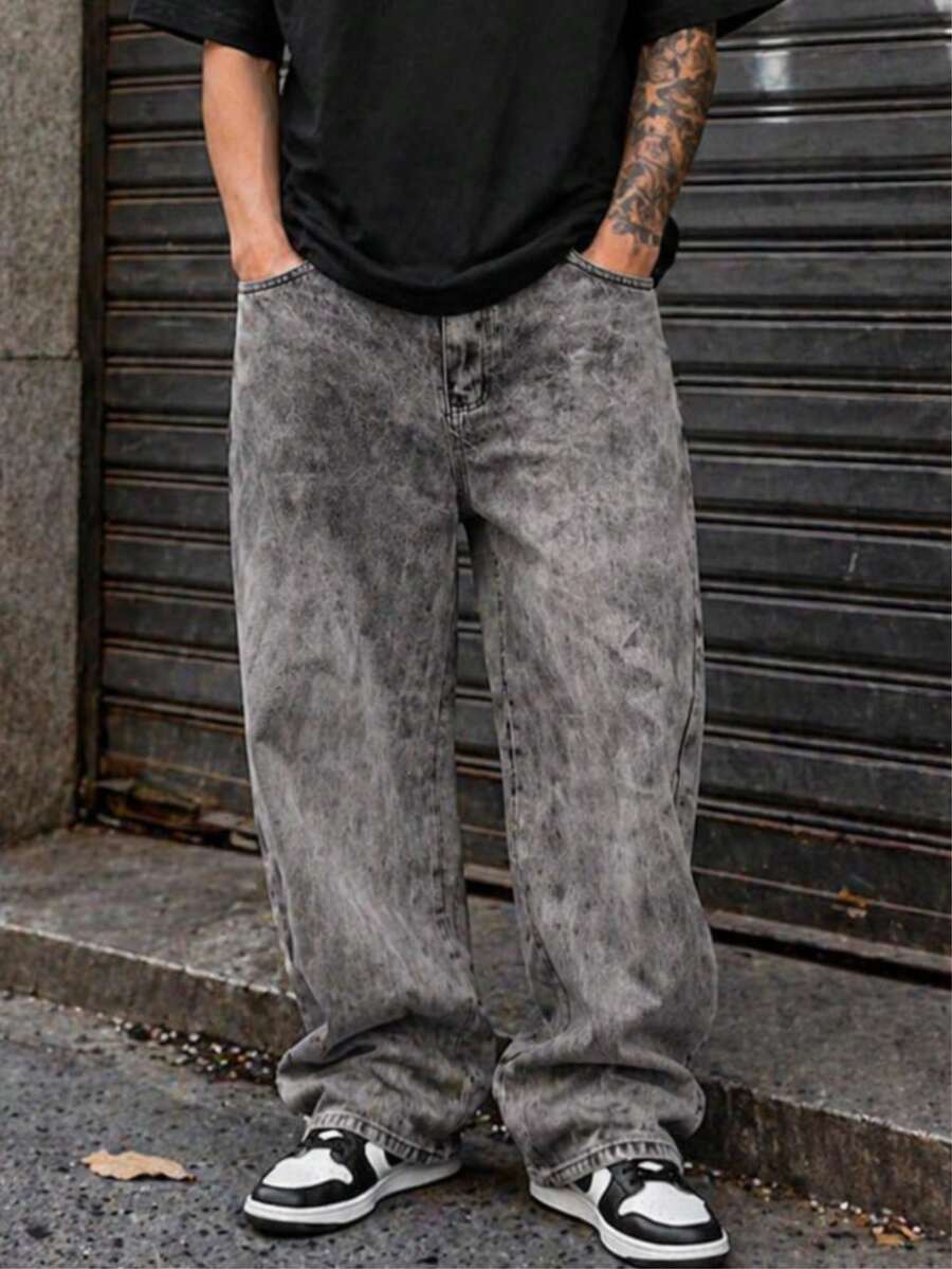 Baggy Jeans, Wide-Leg Balloon Pants, Straight Cut, Carpenter Style, Unisex - màu xám đá - Xem 1