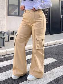 Pantalones cargo rectos color caqui con múltiples bolsillos, de talle alto y holgados - Albaricoque - Ver 1