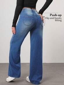 Pantalones rectos de mezclilla azul medio lavados con roturas, cintura media, holgados y con caída elegante - Lavado ligero - Ver 5