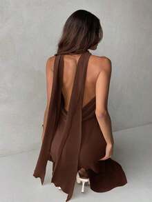 Vestido de mujer con cuello drapeado, línea A y espalda descubierta en color amarillo fluido - Cafetería - Ver 5