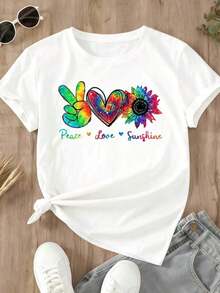 Women's Short Sleeve T-Shirt With Peace, Love And Sun Tie-Dye Print, Heart And Sunflower Design, Casual Style For Beach And Everyday Wear - Unisex Loose Cotton T-Shirt With Round Neck And Short Sleeves, Urban Vintage Style - 白色 - 查看 2