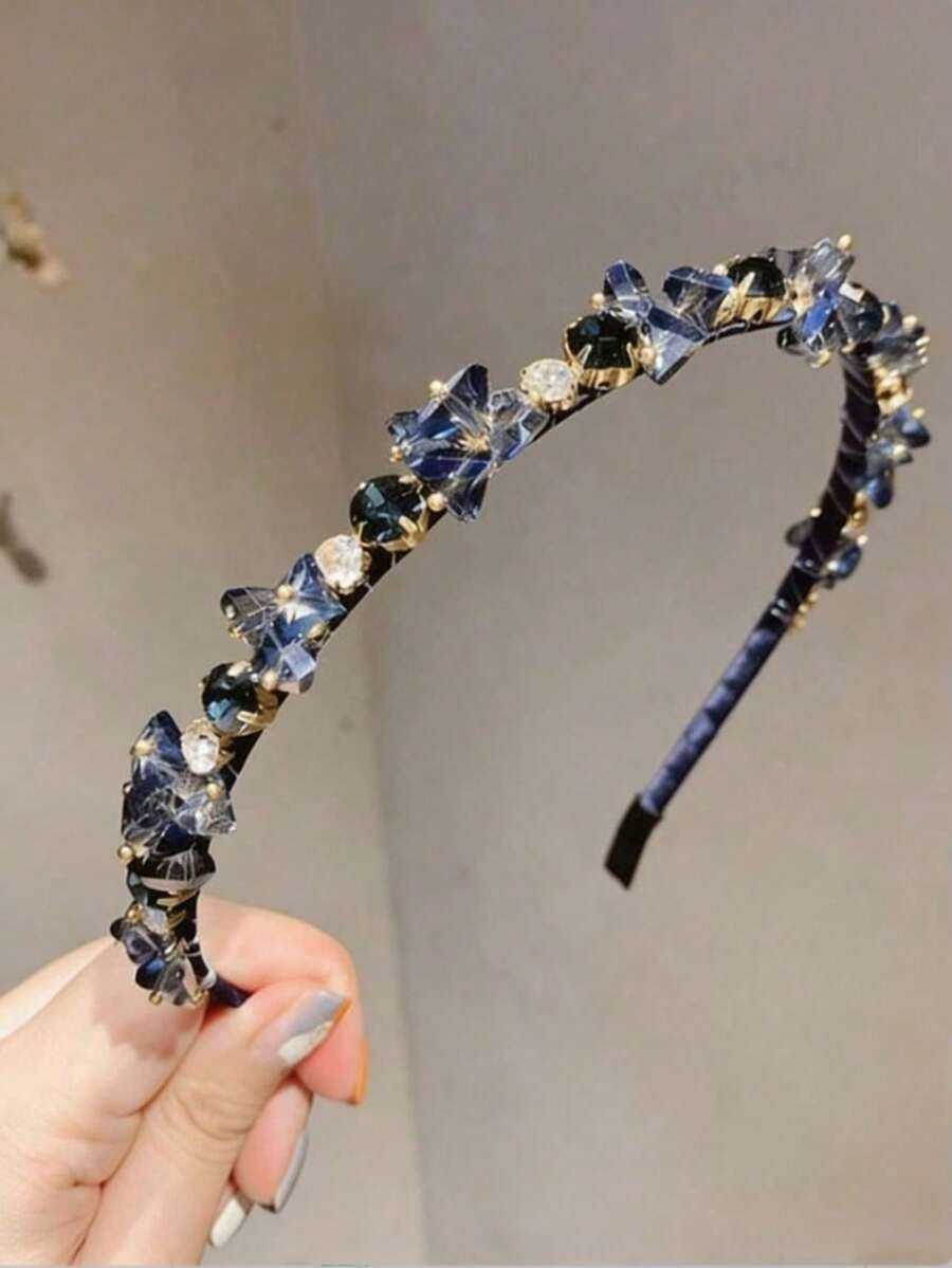 一款街头风优雅轻奢手工串珠深海蓝水钻发箍，搭配高端法式复古宴会头饰发饰 - 藍色 - 查看 1