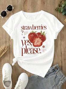 Cool Vintage Women's T-Shirt With A Fun Strawberry Print - Strawberry? Of Course! Red Fruit Print Top - Casual Everyday & Party Style In Soft Blue - Lightweight & Breathable Short Sleeve Summer Shirt - Machine Washable, Weekend Wear, Fun Design, Easy Care, Fashionable Clothing - 白色 - 查看 7