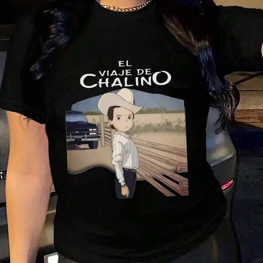 Camiseta Negra Para Mujer Con DiseñO De Vaquero Y Texto El Viaje De Chalino Estilo Casual Moderno Para JóVenes - Negro - Ver 1