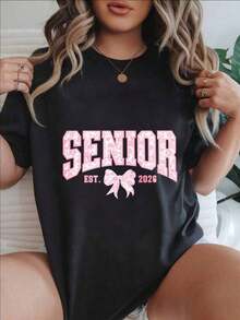 Camiseta Casual de Manga Corta para Mujer - Estilo Senior Est 2026, Estampado de Lazo Rosa, Cuello Redondo, Top de Verano, Lavable a Máquina, Camisetas para Damas, Ropa Casual, Aspecto Moderno, Ajuste Cómodo  
 -Blanco - Negro - Ver 1