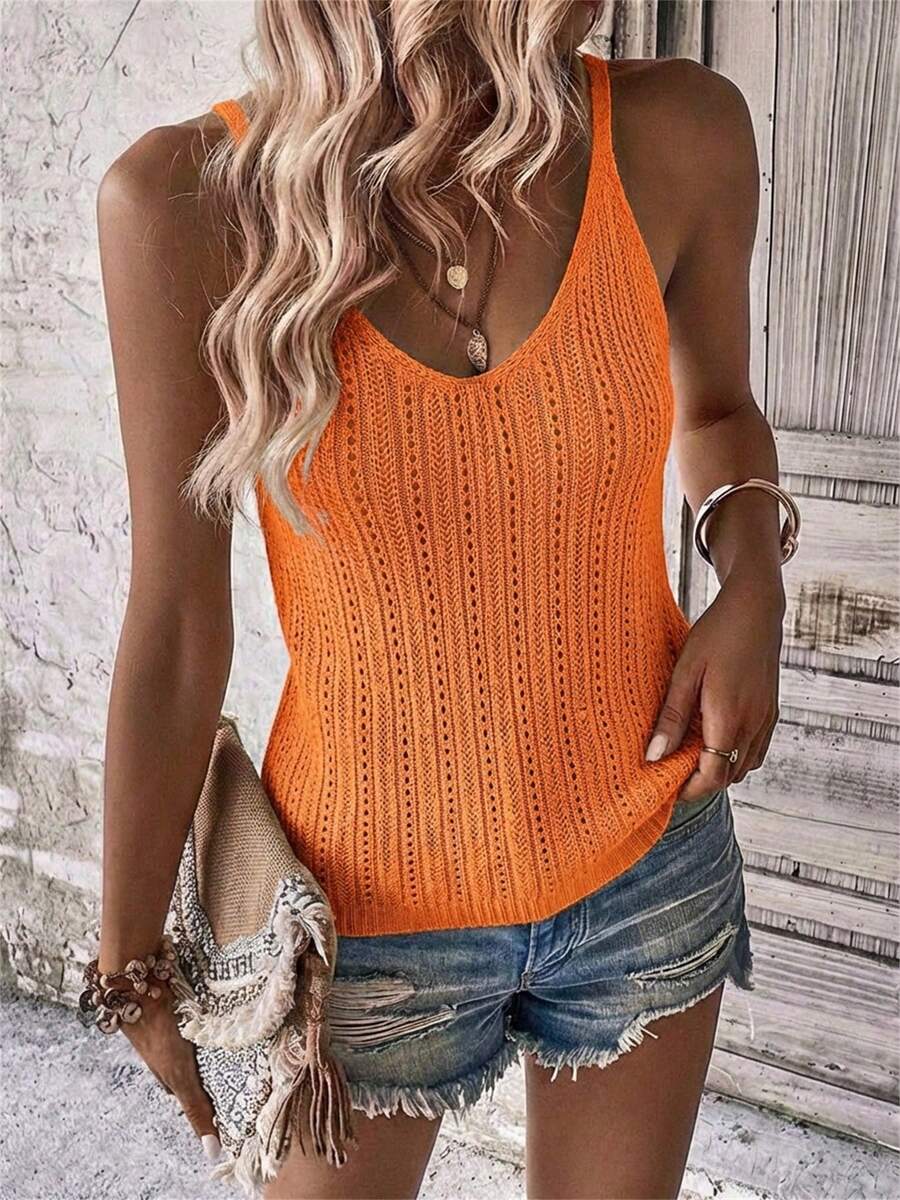 Summer V-Neck Lace Knit Tank Top Women's Sleeveless Solid Color Casual Beach Vacation Pullover Sweater Vest - trái cam - Xem 1