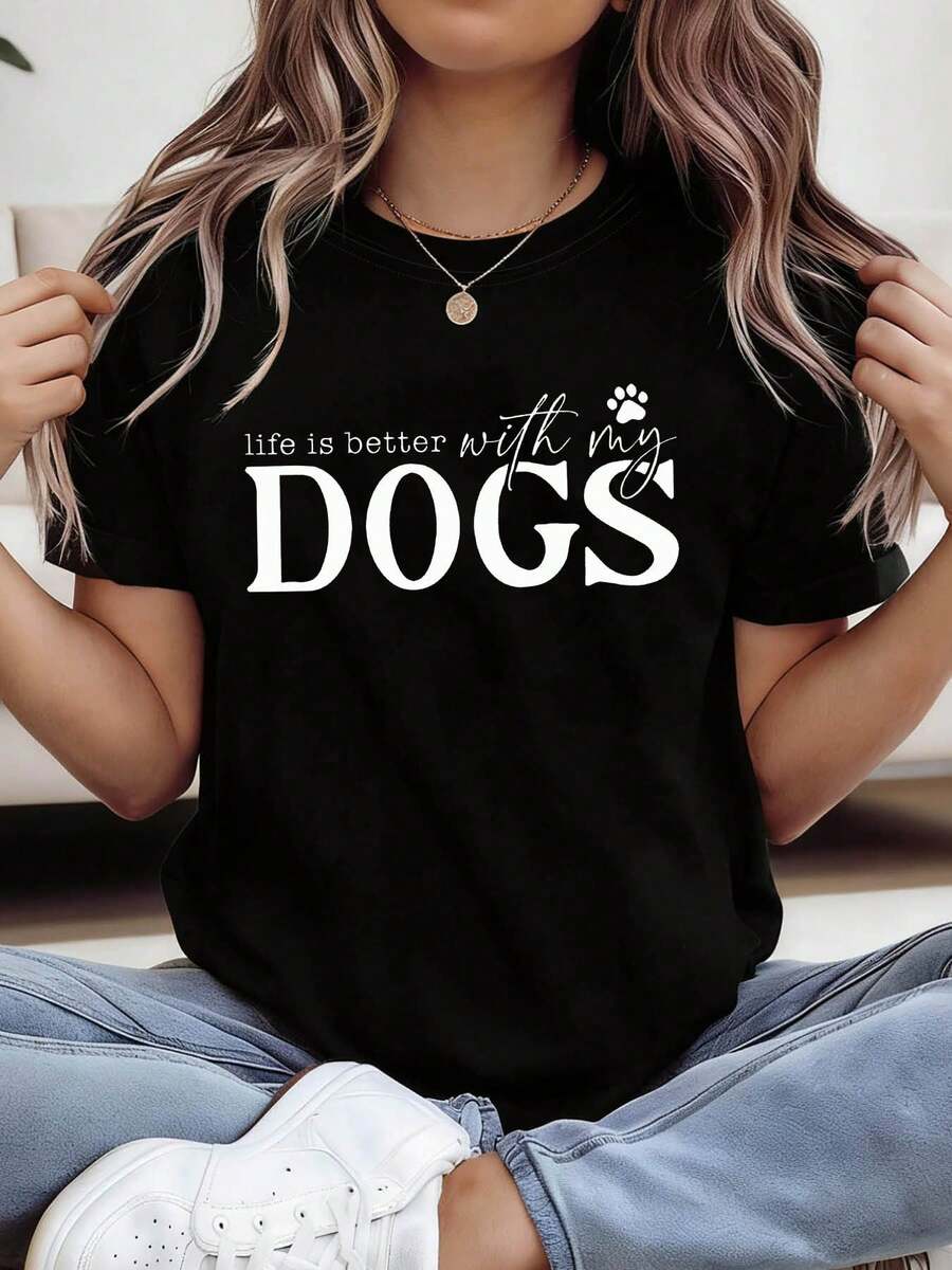 Camiseta unisex de manga corta, LifeEsMejorconMiPERROSCartaImprimirCamisetaCortoMangaTripulaciónCuelloInformalSuperiorparaVerano&PrimaveraMujeresPlayeras de ropahombre, , , Dazymujer,romwehombres, bohochic,maestrasregalos,camisetaparaconjuntos de mujercon curvasparamu,y2k, - Negro - Ver 1