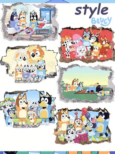 Bluey 布鲁伊主题3D立体墙贴，采用逼真的“破墙”效果设计，展现了动画中的标志性场景和角色。这些墙贴采用优质可移除乙烯基材料制成，易于粘贴且不留残胶，是为卧室、客厅或布鲁伊主题区域增添趣味和沉浸感的完美之选，尤其适合布鲁伊的粉丝。