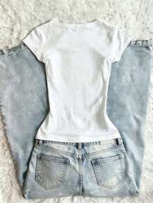 Camiseta casual de mujer de cuello redondo y manga corta con estampado floral - Blanco - Ver 2