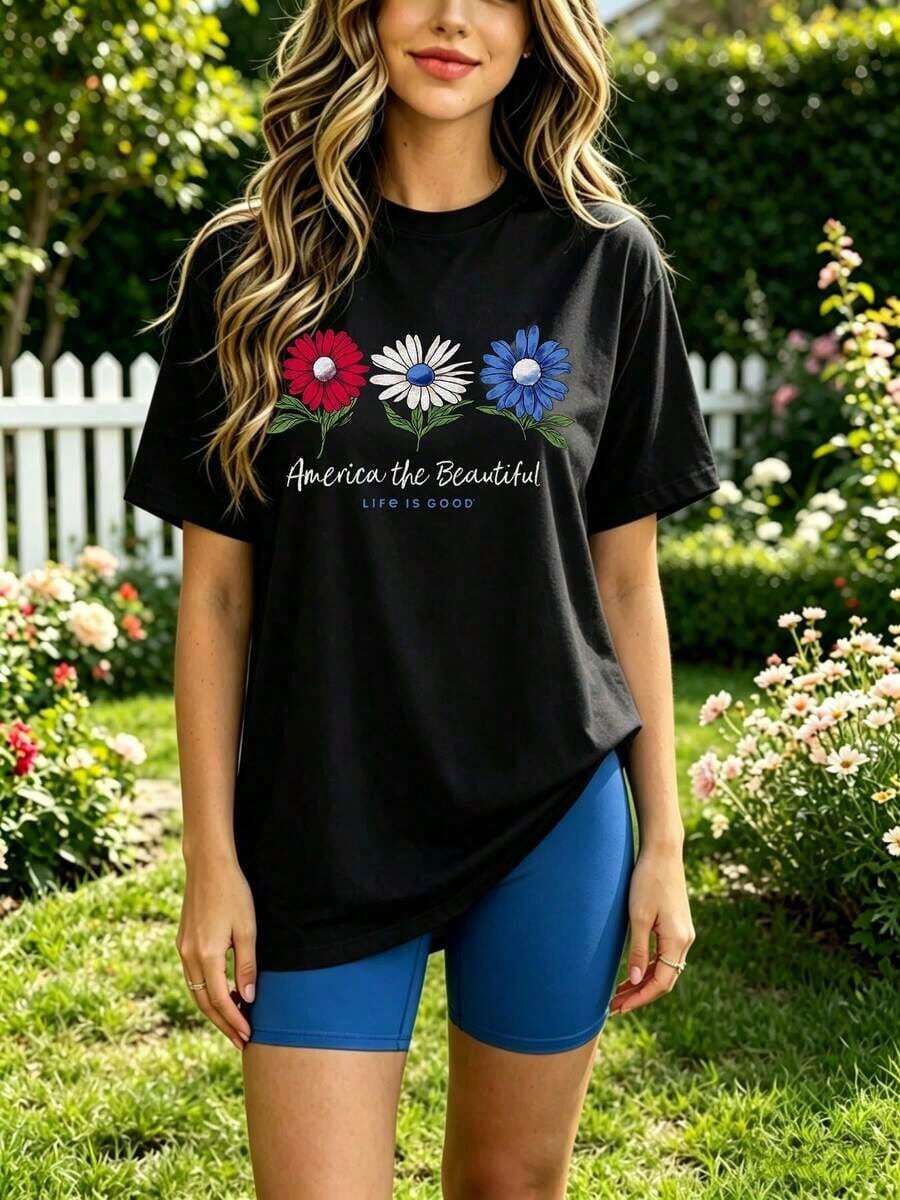 Soft 100% Cotton T-Shirt. Black T-Shirt With "America The Beautiful Flower" Design And Text, Perfect For Outdoor Activities. Breathable Cotton T-Shirt, Goes With Everything. Great. - 黑色 - 查看 1