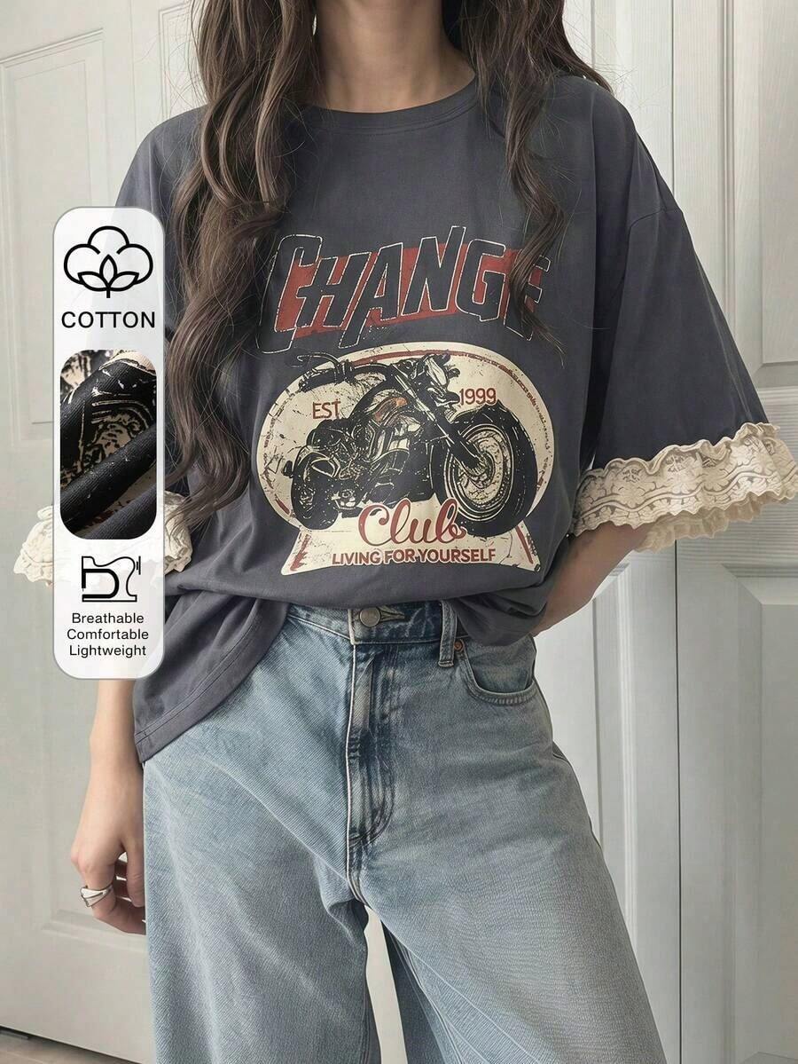 Camiseta de manga corta para mujer con ajuste holgado, estampado de letras, parches de encaje, de mezcla de algodón transpirable, versátil para primavera/verano - Gris 2 - Ver 1