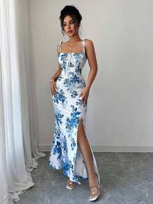 Nuevo vestido de mujer con tirantes de espagueti, lazo en la cintura, diseño de dobladillo fruncido y abertura, versátil para citas, fiestas y uso diario, favorecedora y elegante - Azul y blanco - Ver 5