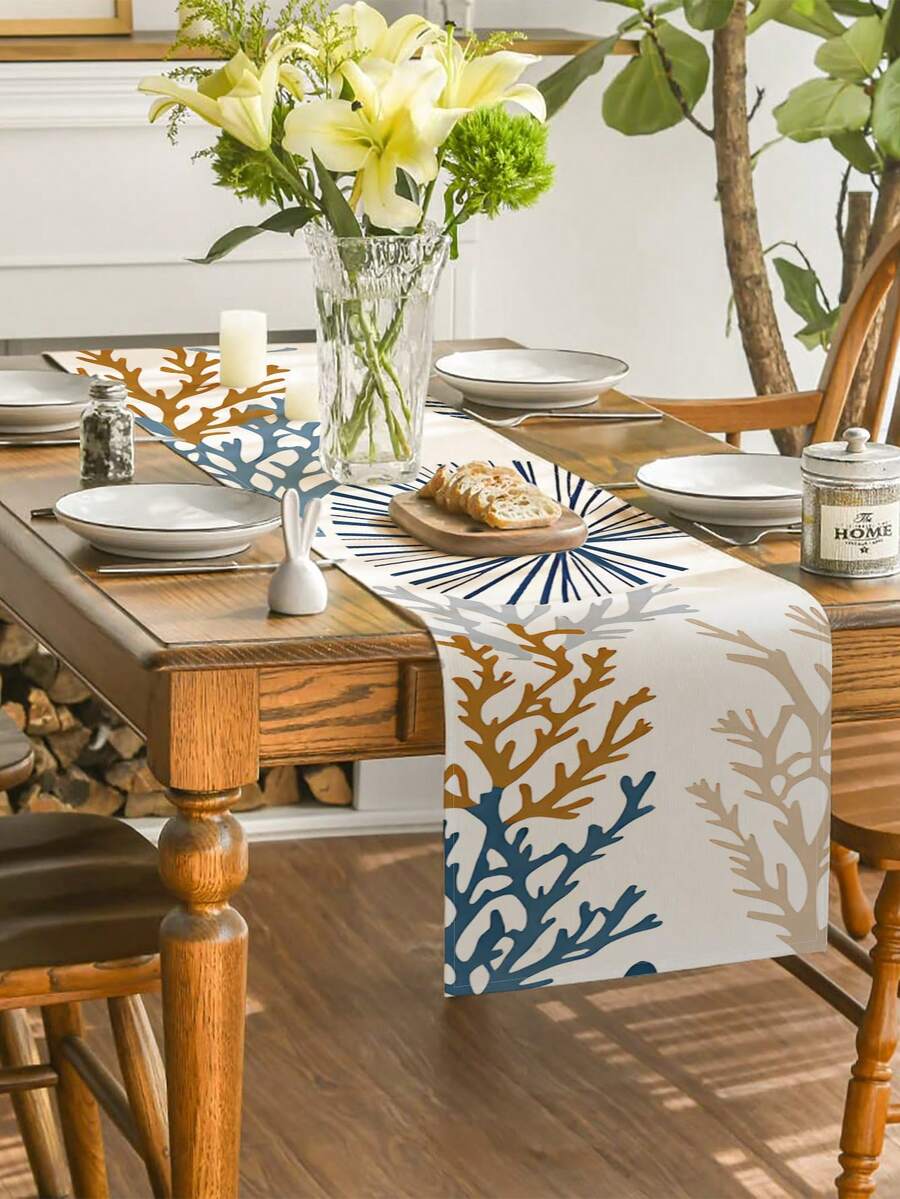 1 pieza Camino de mesa de coral de concha beige y azul, arte lineal de conchas y coral sobre fondo crema, limpio y natural, camino de mesa decorativo, estilo minimalista fresco y costero para mesa de comedor, sala de estar o escapada de verano - Azul - Ver 1