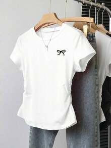 Camiseta ajustada con estampado de lazo para mujer, estilo versátil y elegante para el verano, vuelta al colegio, uso diario, fiesta, cita, que atrae mucha atención - Multicolor 7 - Ver 8