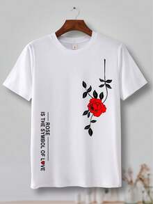 Rose Print Tee Shirt, Tees For Men, Casual Short Sleeve T-Shirt For Summer - 白色 - 查看 2