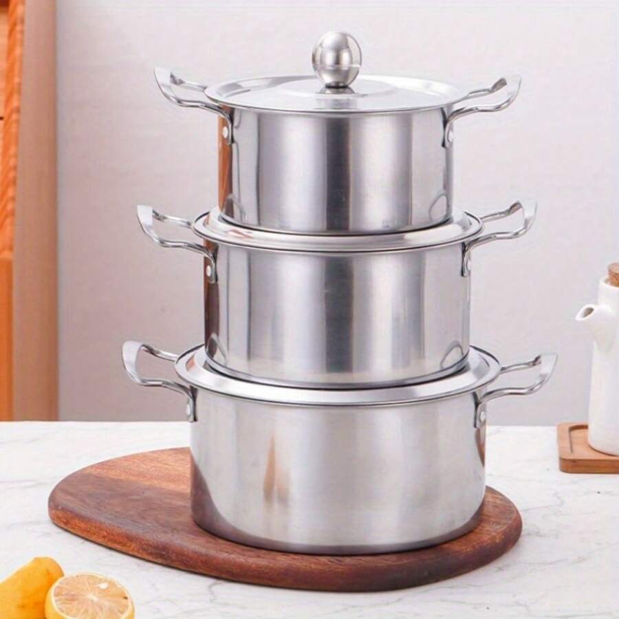 3-Piece Stainless Steel Cookware Set, Double Handle Stainless Steel Cookware Set With Lids, Induction Hob Compatible, Kitchen Utensils, Stainless Steel Pot - View 1