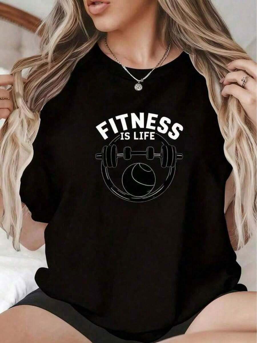 Minimalist Printed T-Shirt For Women, Modern And Simple, With A Sporty Style In Black, Exuding Youthful Charm. It Features A Round Neck Design, Is Lightweight, Cool, And Comfortable, Suitable For Casual Wear, Sports, Fitness, Travel, Gifts, Summer Vacations, Mexican Independence Day, And Other Occasions. Women's Shirts, Tops, Blouses, Women's Clothing, Poeselle, Y2K, White Shirts, Chino-Style Shirts, Plus-Size Shirts, Casual Shirts, Blouses. Simple Solid Color Women's T-Shirt, Loose And Fitted Cut, Casual Short Sleeve - Black - View 1