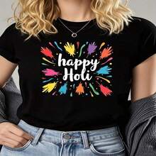 Women's Happy  Colorful Paint Splatter Print Cotton Tee day Short Sleeve Round Neck T-Shirt Casual Boho Style - Negro - Ver 1