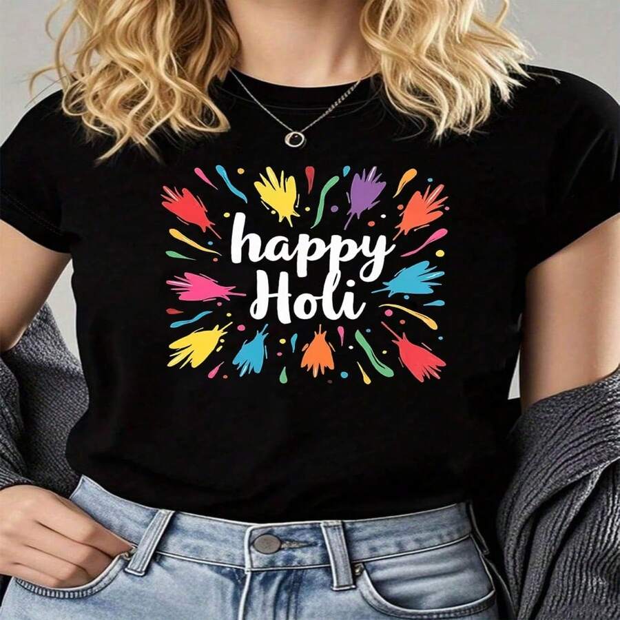 Women's Happy Colorful Paint Splatter Print Cotton Tee day Short Sleeve Round Neck T-Shirt Casual Boho Style - Negro - Ver 1