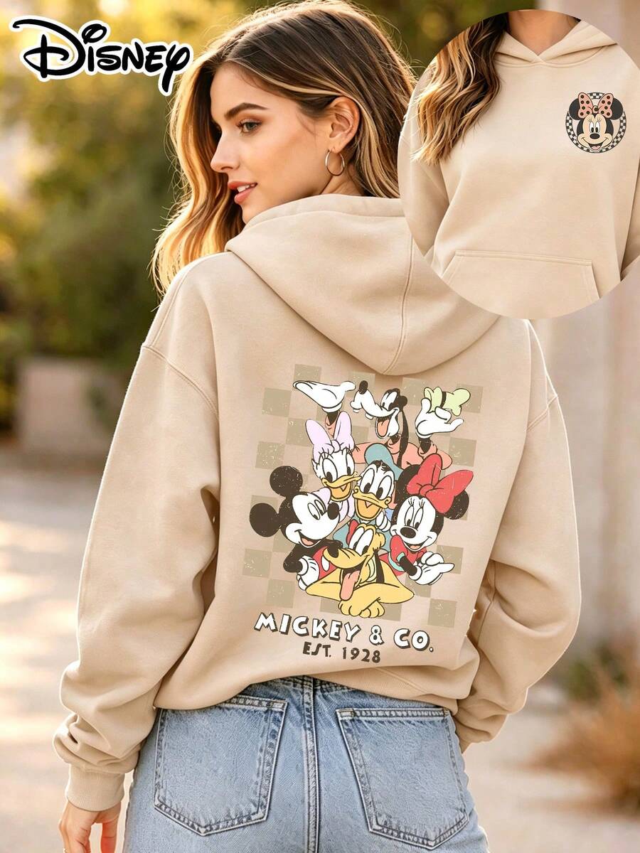 Disney Official Authorization | Women's Hoodie Features Vintage Double-Sided Prints Of Mickey Mouse, Minnie Mouse, Donald Duck, Daisy Duck, Goofy And Pluto. With A Loose Oversize Fit, It Is Perfect For Daily Casual Wear, Outings And Shopping, And Also Serves As An Ideal Gift. - 杏色 - 查看 1