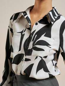 Blusa blanca casual con cuello y bolsillo, de manga larga ajustada para mujeres - Albaricoque 2 - Ver 3